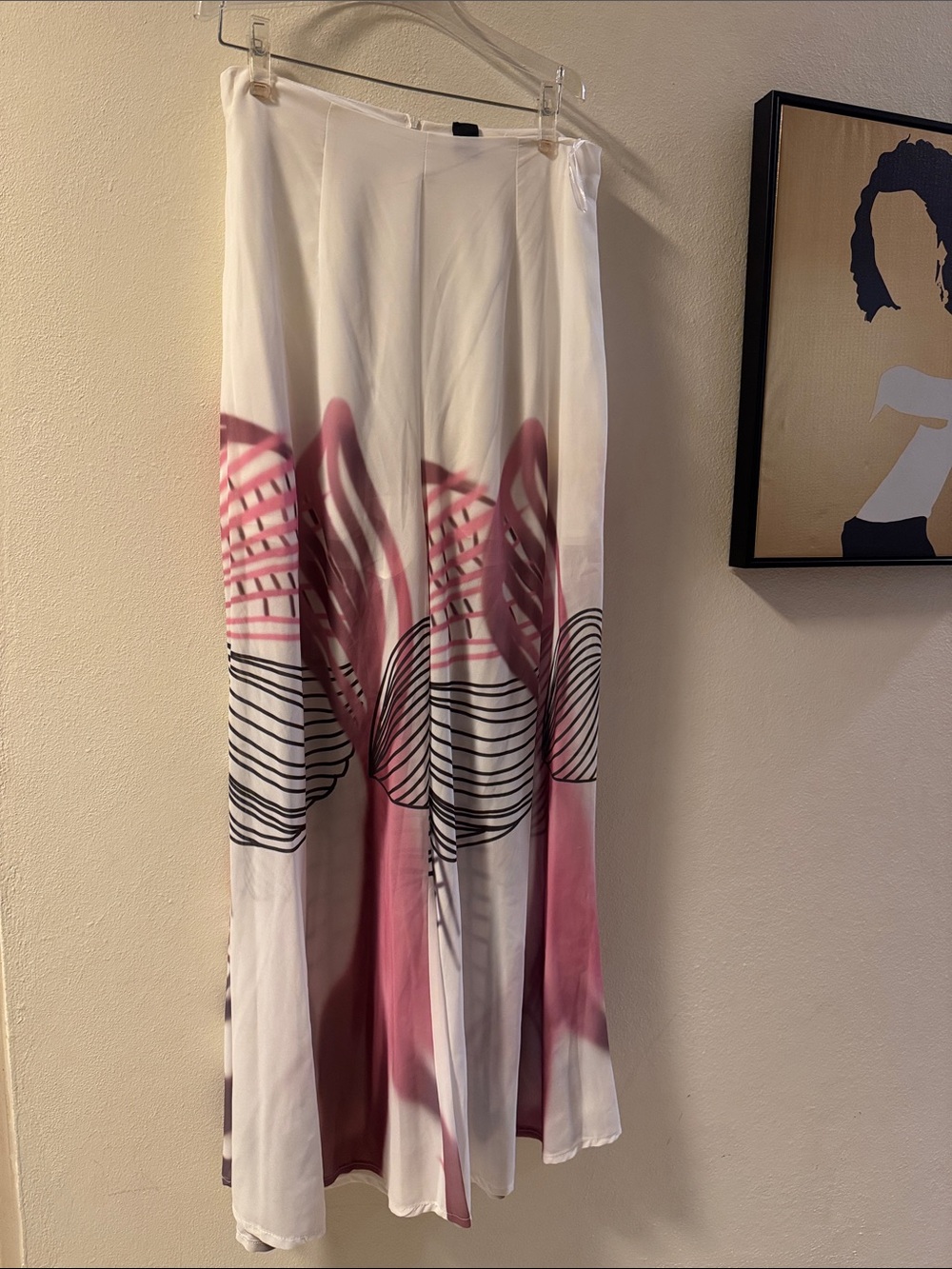 White Wide-Leg Pants with Pink Abstract Print